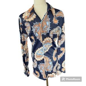 Vintage 70s Tab Collar Button Down Shirt with Retro Paisley & Sexy Siren Print M